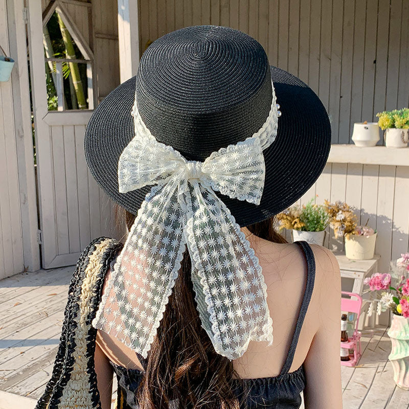 Women's Wide Brim Flat Top Straw Hat with Pearl Lace Band and Adjustable Drawstring, 56-58 cm