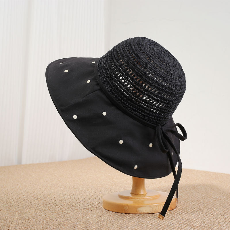 Women's Wide Brim Sun Hat with Polka Dot Woven Design, Foldable Sun Protection Hat, 56-58 cm
