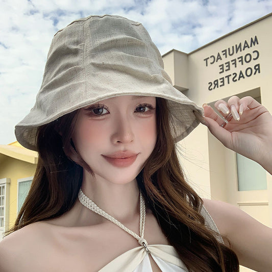 Women's Linen Blend Bucket Hat with Wide Brim, Adjustable Sun Protection Hat, 56-58 cm