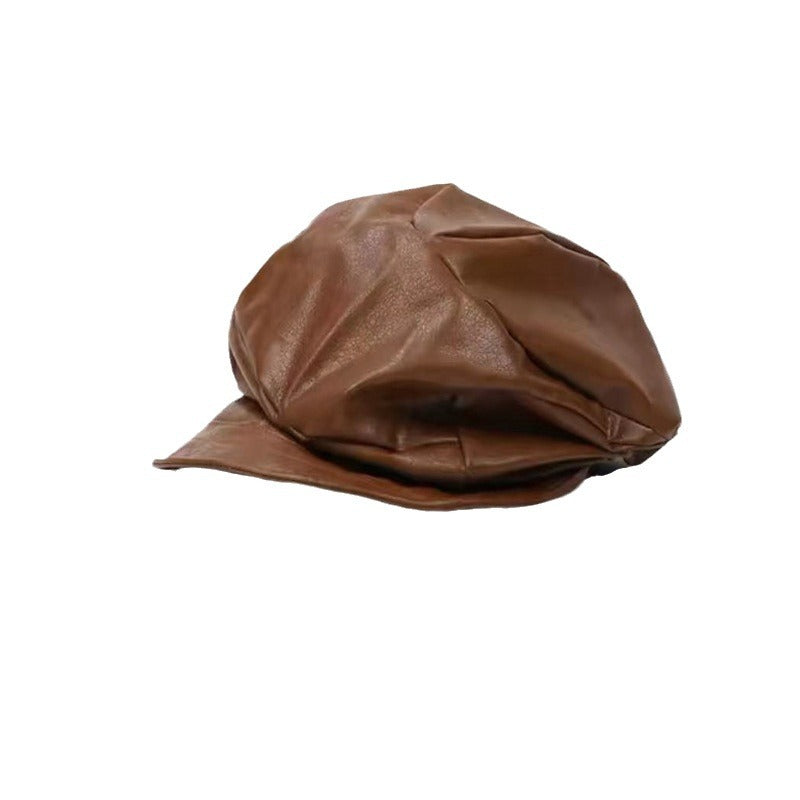 Women's PU Leather Newsboy Cap with Short Brim, Round Crown Baker Boy Hat, 56-58 cm