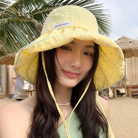 Women's Floral Print Bucket Hat with Bow Tie, Adjustable Wide Brim Sun Hat, 56-58 cm