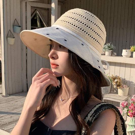 Women's Wide Brim Sun Hat with Polka Dot Woven Design, Foldable Sun Protection Hat, 56-58 cm