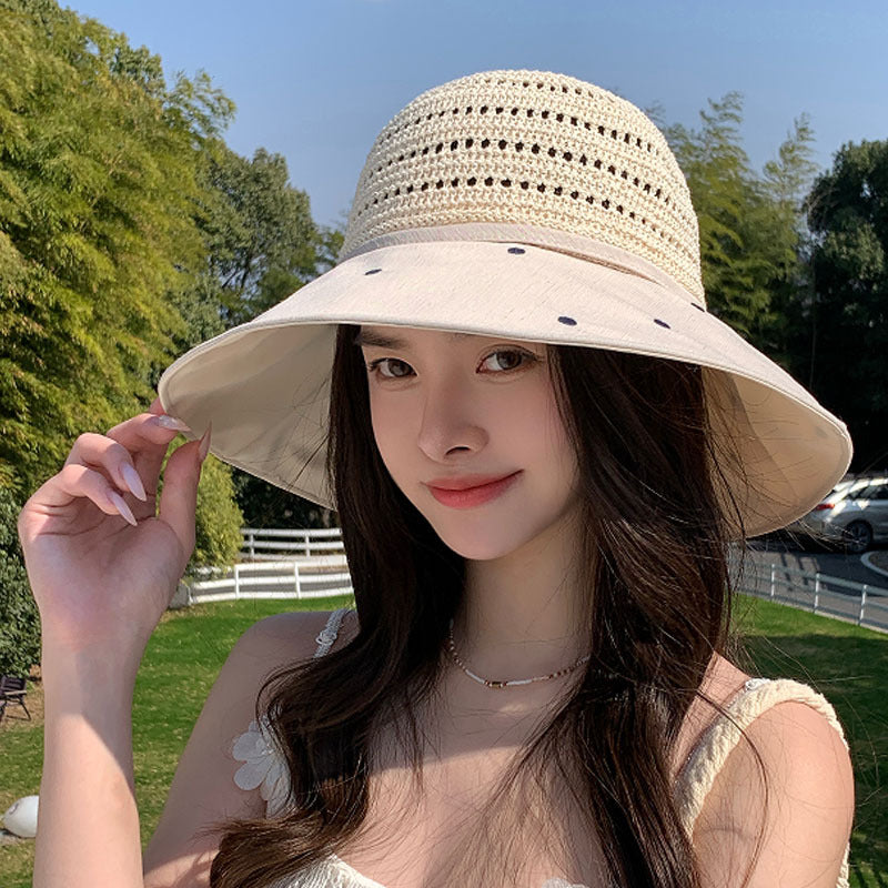 Women's Wide Brim Sun Hat with Polka Dot Woven Design, Foldable Sun Protection Hat, 56-58 cm