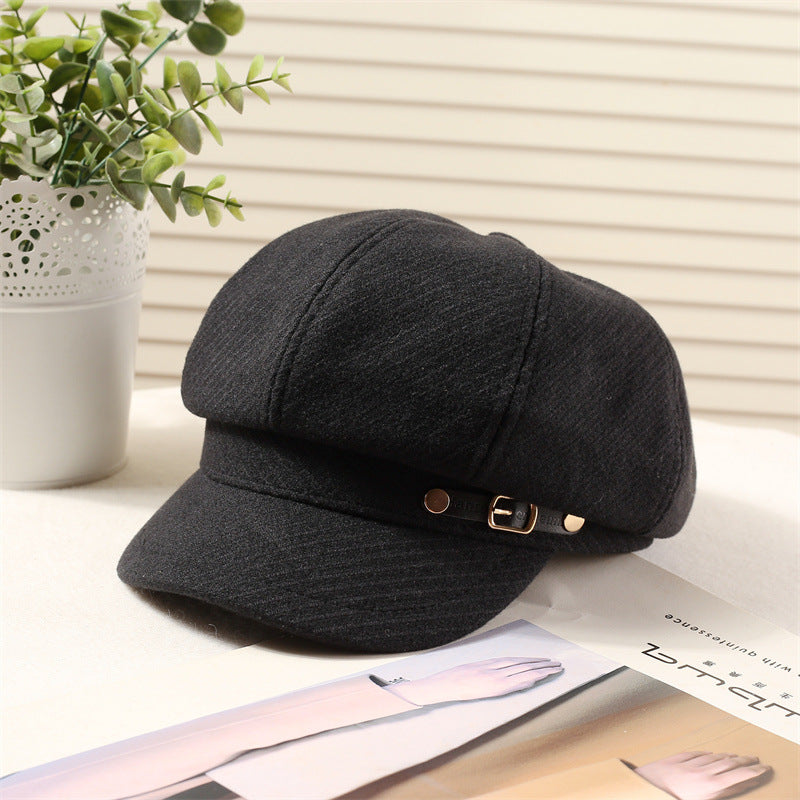 Women's Adjustable Newsboy Cap with Short Brim, Round Crown Baker Boy Hat, 56-58 cm