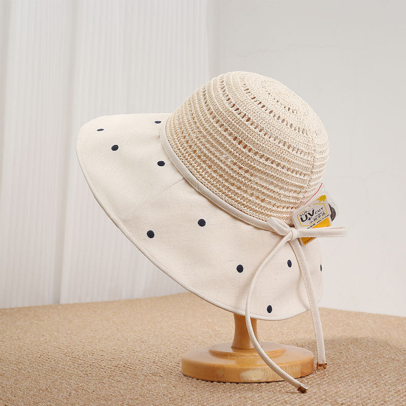 Women's Wide Brim Sun Hat with Polka Dot Woven Design, Foldable Sun Protection Hat, 56-58 cm