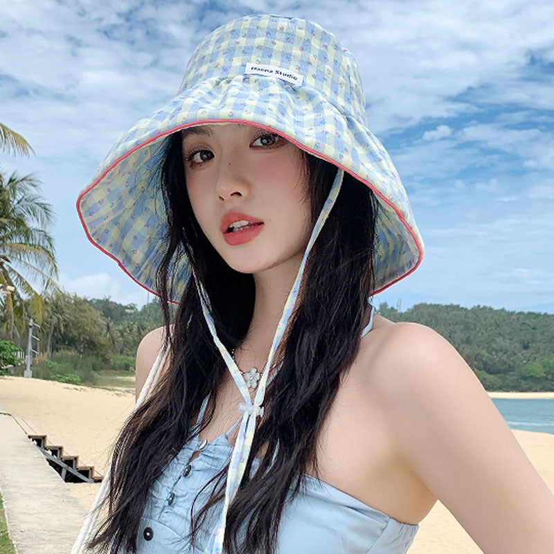Women's Floral Print Bucket Hat with Bow Tie, Adjustable Wide Brim Sun Hat, 56-58 cm