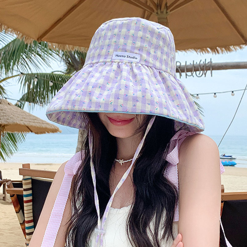 Women's Floral Print Bucket Hat with Bow Tie, Adjustable Wide Brim Sun Hat, 56-58 cm