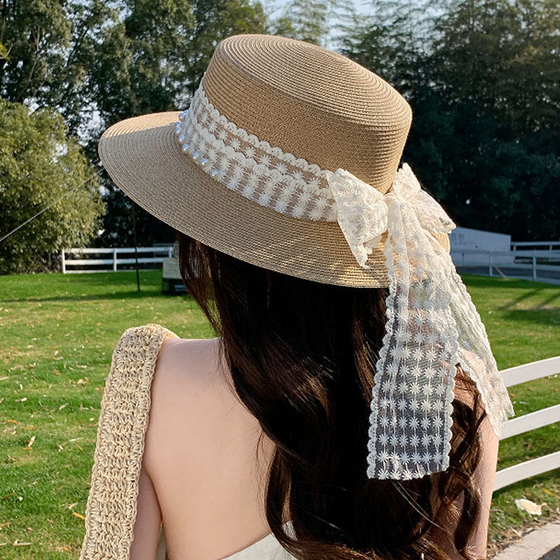 Women's Wide Brim Flat Top Straw Hat with Pearl Lace Band and Adjustable Drawstring, 56-58 cm