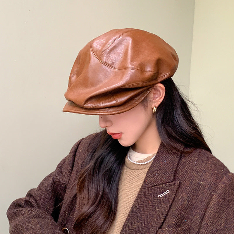Women's PU Leather Newsboy Cap with Short Brim, Round Crown Baker Boy Hat, 56-58 cm