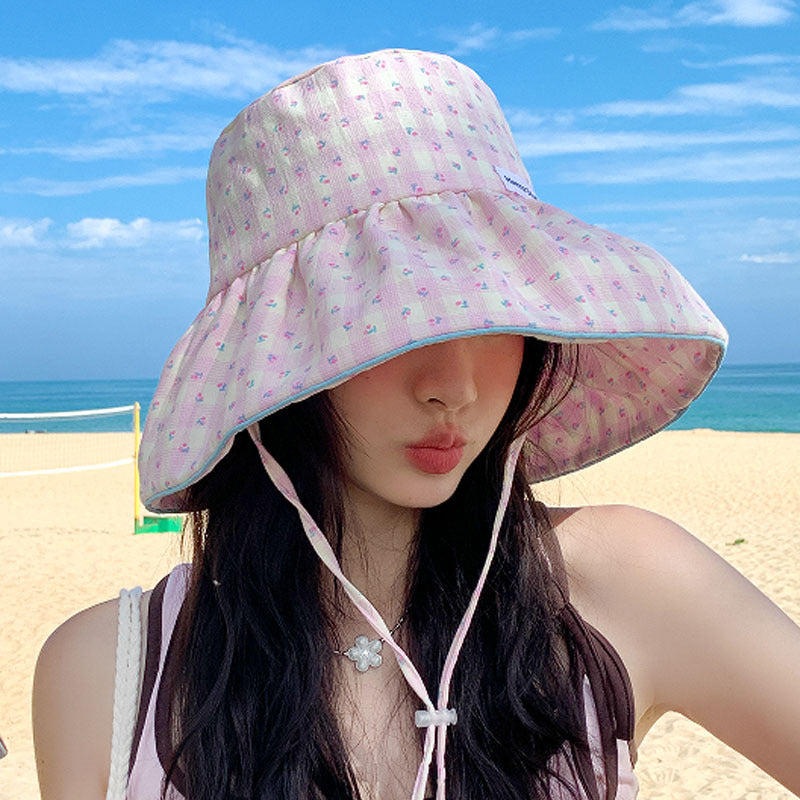 Women's Floral Print Bucket Hat with Bow Tie, Adjustable Wide Brim Sun Hat, 56-58 cm