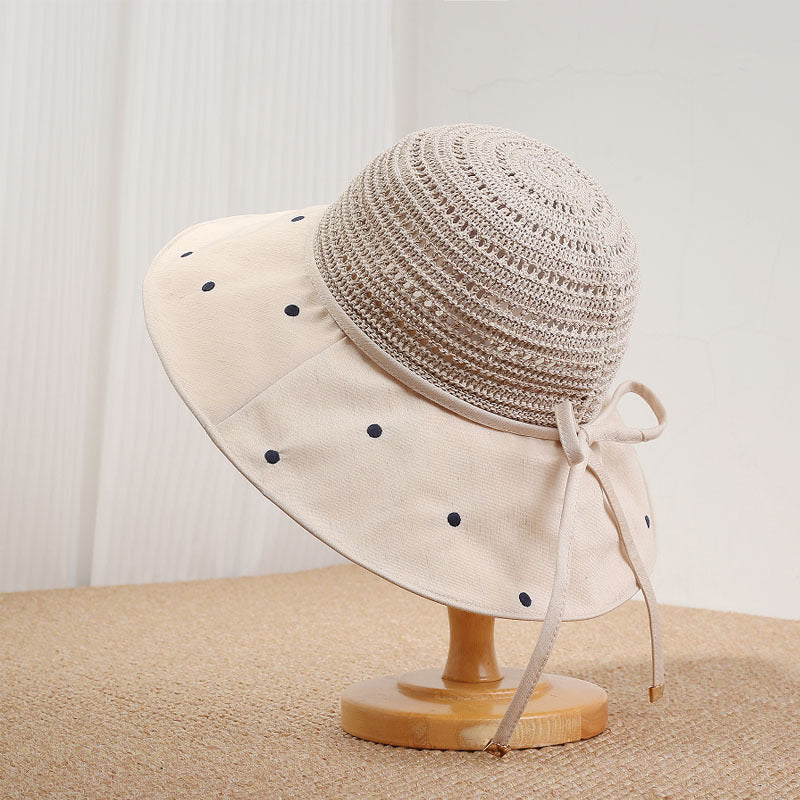 Women's Wide Brim Sun Hat with Polka Dot Woven Design, Foldable Sun Protection Hat, 56-58 cm