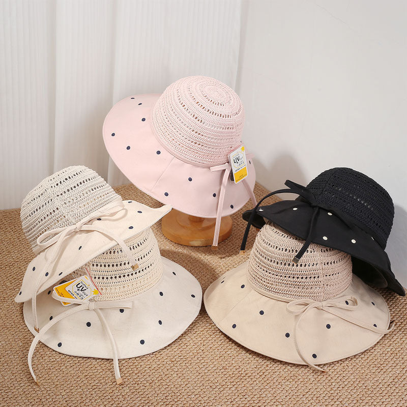 Women's Wide Brim Sun Hat with Polka Dot Woven Design, Foldable Sun Protection Hat, 56-58 cm