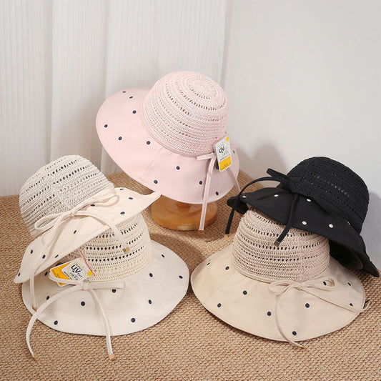 Women's Wide Brim Sun Hat with Polka Dot Woven Design, Foldable Sun Protection Hat, 56-58 cm