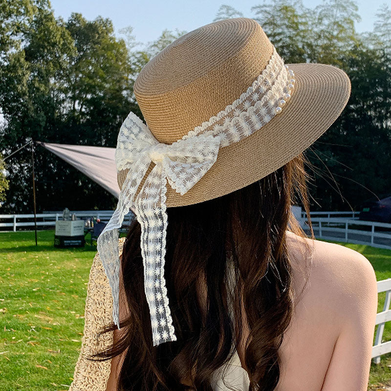 Women's Wide Brim Flat Top Straw Hat with Pearl Lace Band and Adjustable Drawstring, 56-58 cm