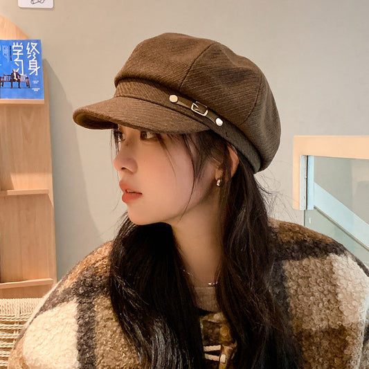Women's Adjustable Newsboy Cap with Short Brim, Round Crown Baker Boy Hat, 56-58 cm