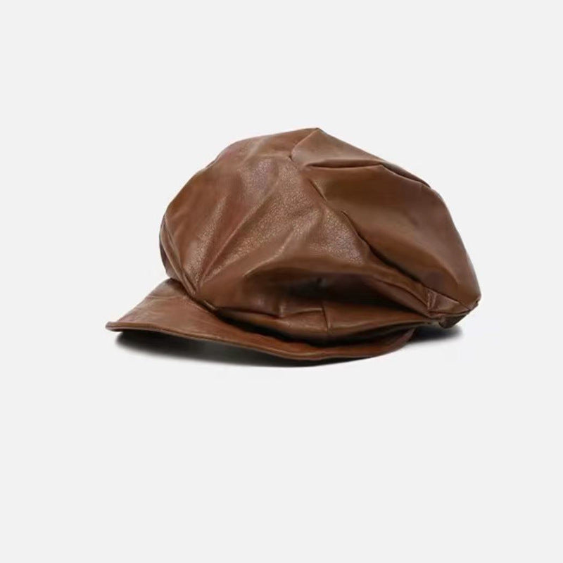 Women's PU Leather Newsboy Cap with Short Brim, Round Crown Baker Boy Hat, 56-58 cm