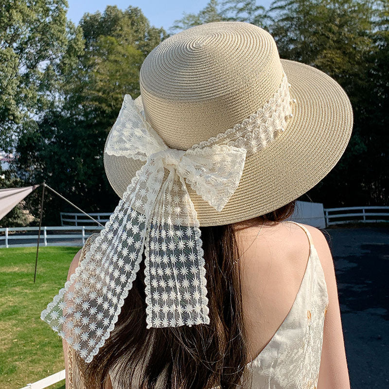 Women's Wide Brim Flat Top Straw Hat with Pearl Lace Band and Adjustable Drawstring, 56-58 cm