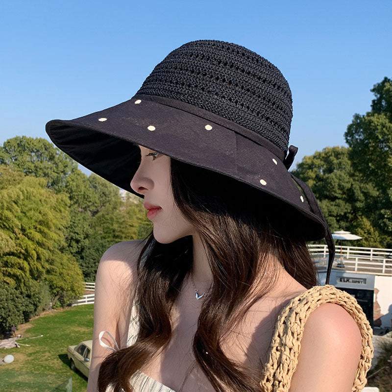 Women's Wide Brim Sun Hat with Polka Dot Woven Design, Foldable Sun Protection Hat, 56-58 cm