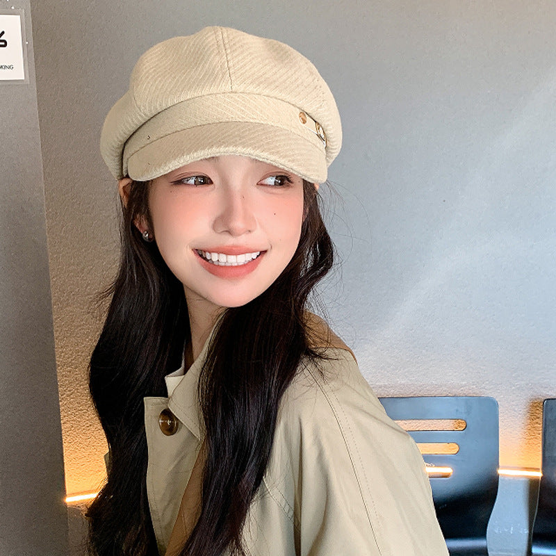 Women's Adjustable Newsboy Cap with Short Brim, Round Crown Baker Boy Hat, 56-58 cm