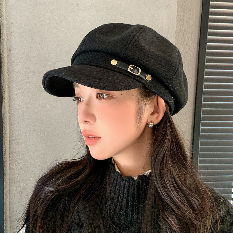 Women's Adjustable Newsboy Cap with Short Brim, Round Crown Baker Boy Hat, 56-58 cm