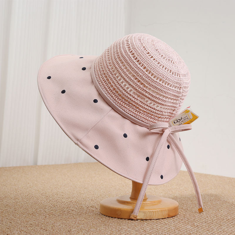 Women's Wide Brim Sun Hat with Polka Dot Woven Design, Foldable Sun Protection Hat, 56-58 cm