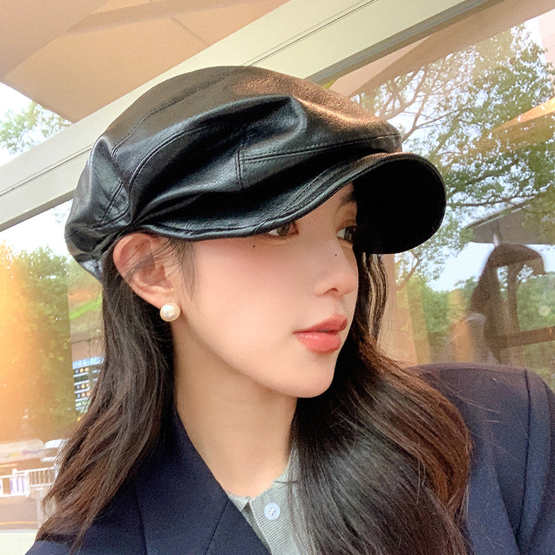 Women's PU Leather Newsboy Cap with Short Brim, Round Crown Baker Boy Hat, 56-58 cm
