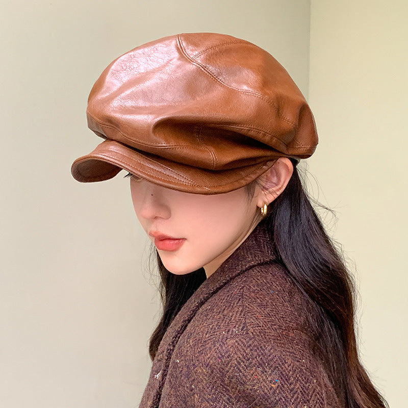 Women's PU Leather Newsboy Cap with Short Brim, Round Crown Baker Boy Hat, 56-58 cm
