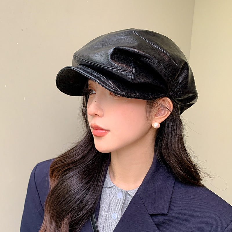 Women's PU Leather Newsboy Cap with Short Brim, Round Crown Baker Boy Hat, 56-58 cm