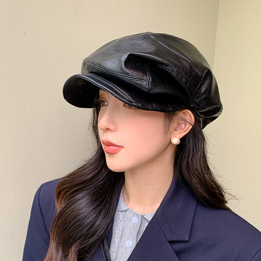 Women's PU Leather Newsboy Cap with Short Brim, Round Crown Baker Boy Hat, 56-58 cm