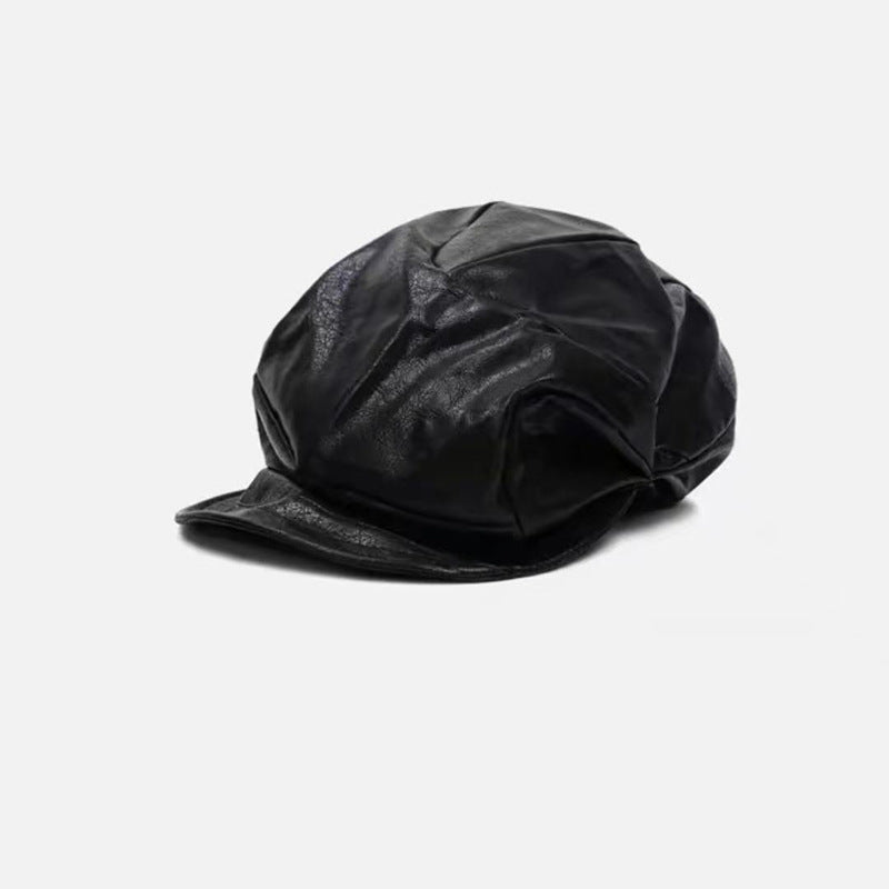 Women's PU Leather Newsboy Cap with Short Brim, Round Crown Baker Boy Hat, 56-58 cm