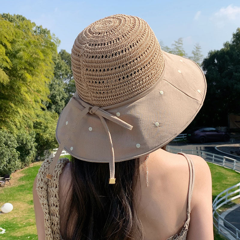 Women's Wide Brim Sun Hat with Polka Dot Woven Design, Foldable Sun Protection Hat, 56-58 cm