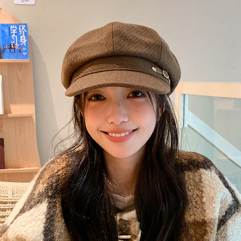 Women's Adjustable Newsboy Cap with Short Brim, Round Crown Baker Boy Hat, 56-58 cm