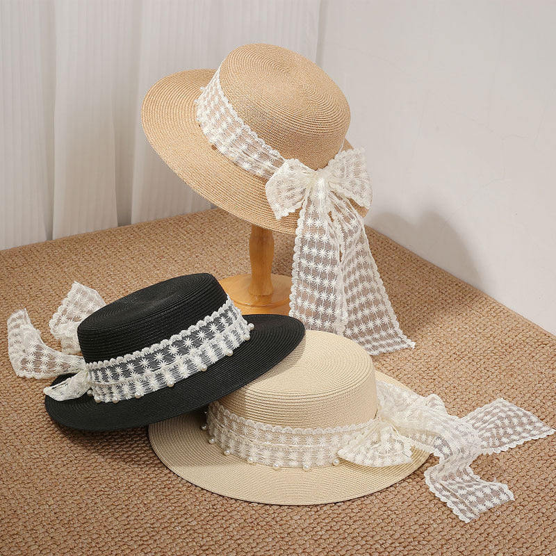 Women's Wide Brim Flat Top Straw Hat with Pearl Lace Band and Adjustable Drawstring, 56-58 cm