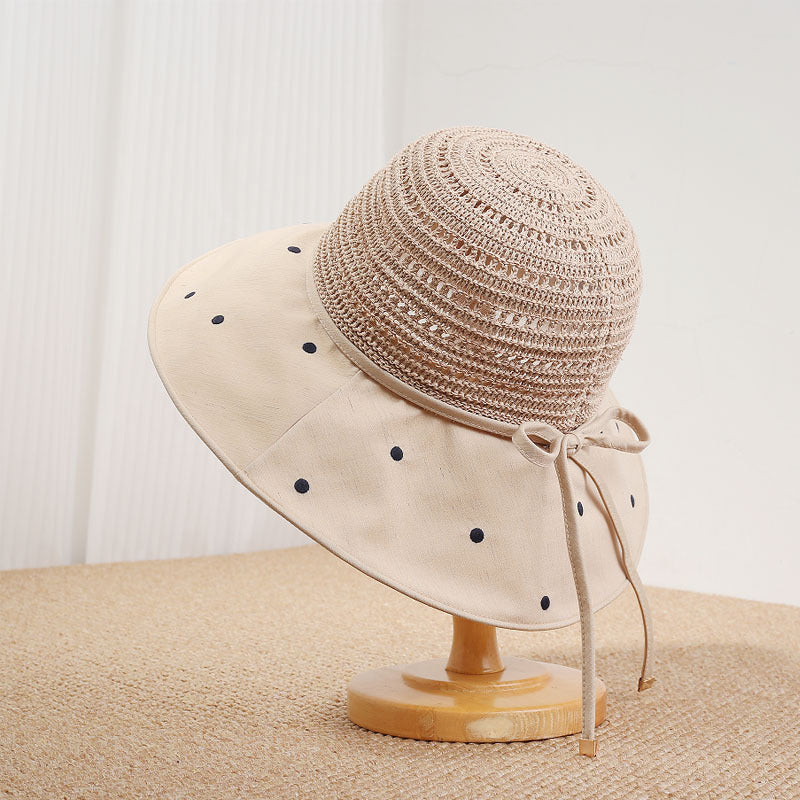 Women's Wide Brim Sun Hat with Polka Dot Woven Design, Foldable Sun Protection Hat, 56-58 cm