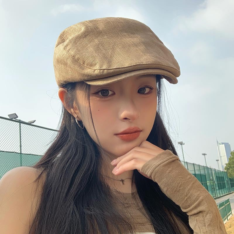 Women's Adjustable Newsboy Cap with Short Brim, Round Crown Beret Hat, 56-58 cm